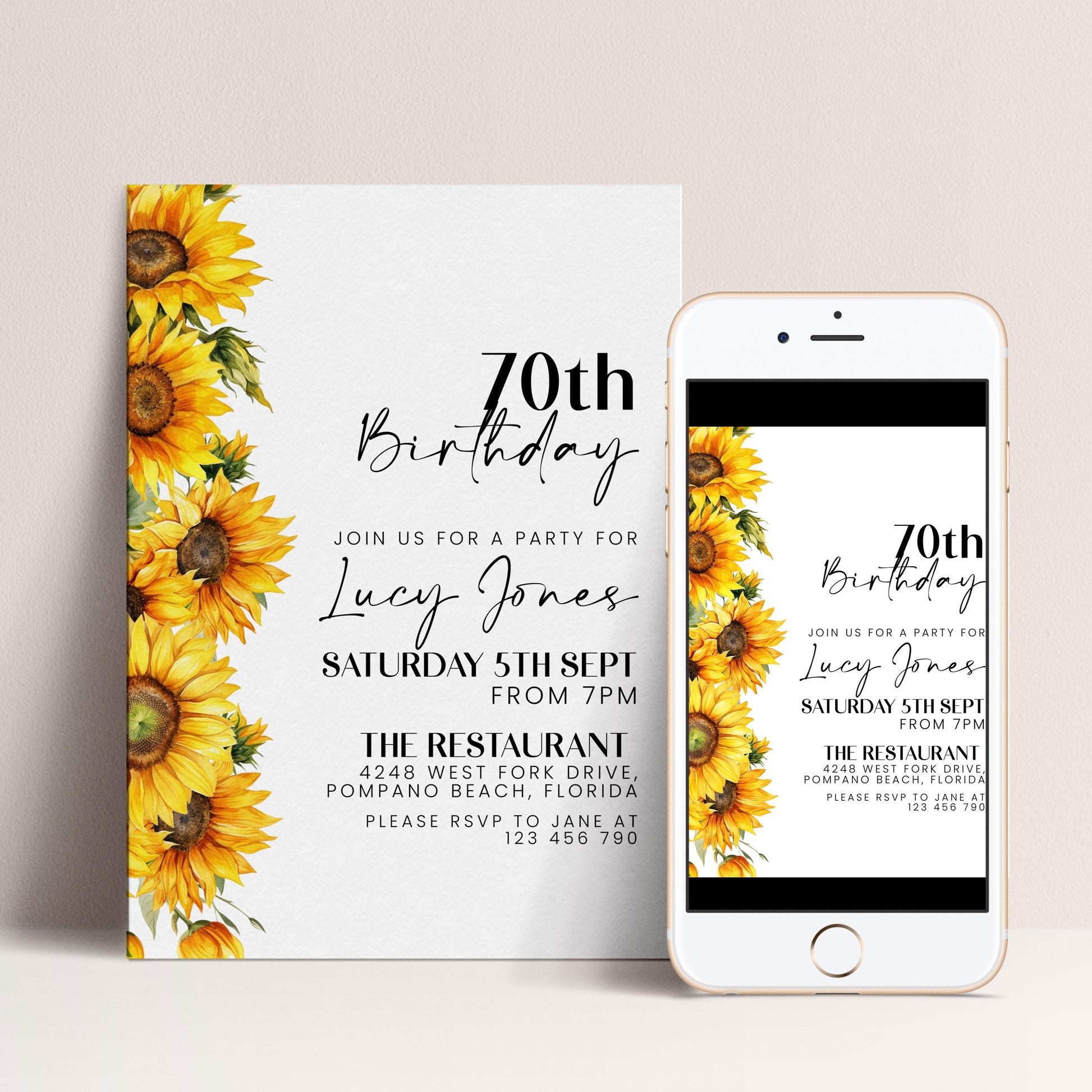 a birthday party invitation for a 70th birthday celebration for Lucy Jones. The invitation features a large sunflower design on the left side and includes details about the party, including the date, time, location, and RSVP instructions.