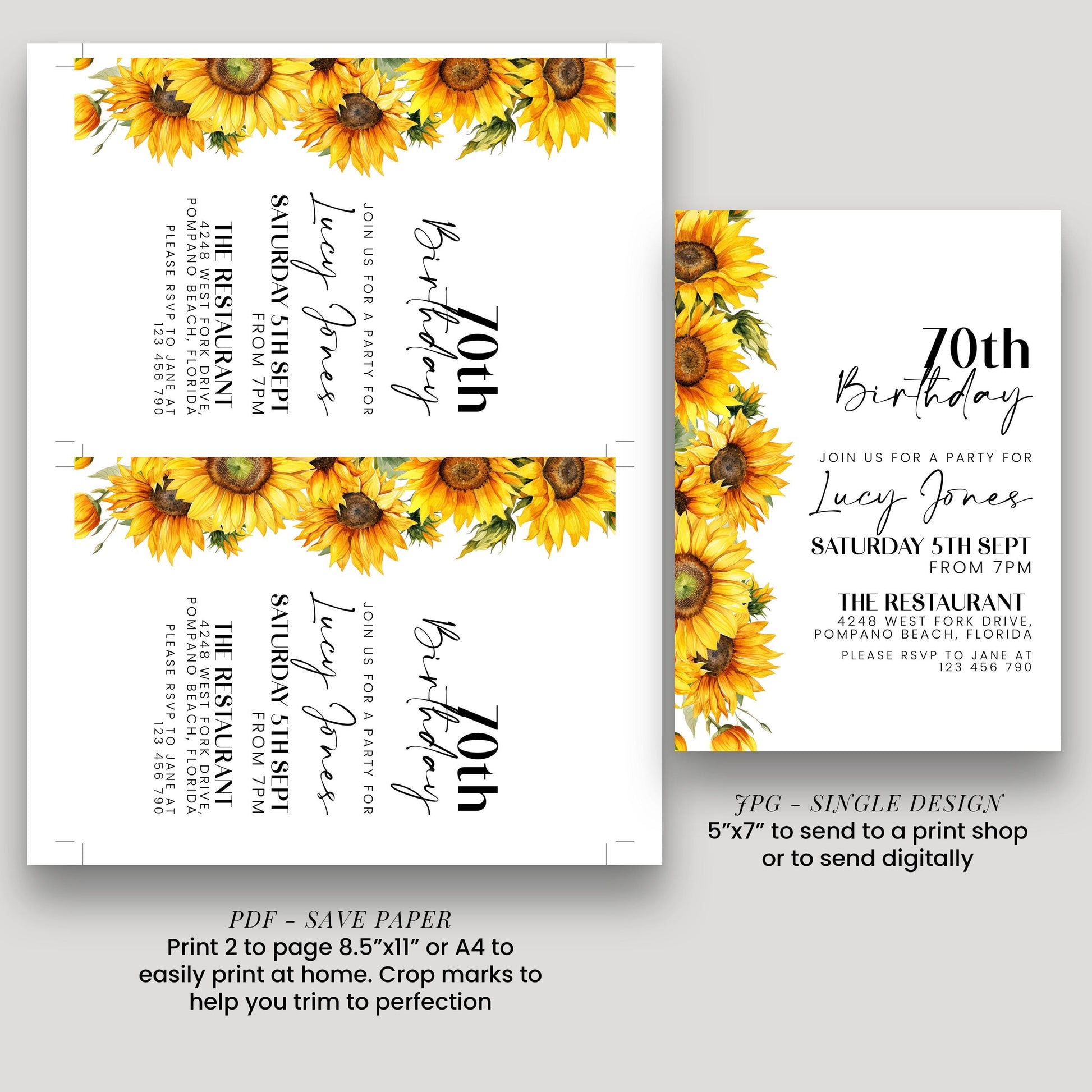a birthday party invitation for Lucy Jones' 70th birthday. The invitation features a floral design with yellow sunflowers and includes details about the party, such as the date, time, location, and RSVP information.