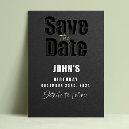The image is a black and white Save the Date card for John's birthday party.