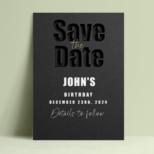 The image is a black and white Save the Date card for John's birthday party.