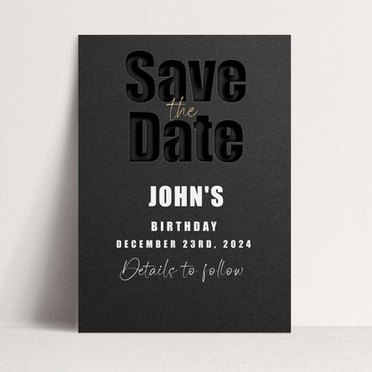 The image is a black and white Save the Date card for John's birthday party.