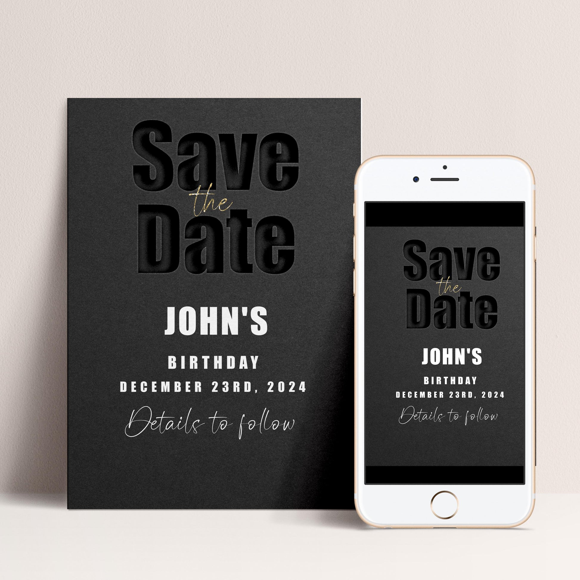 a black and white "Save the Date" card and a white smartphone displaying the same card.