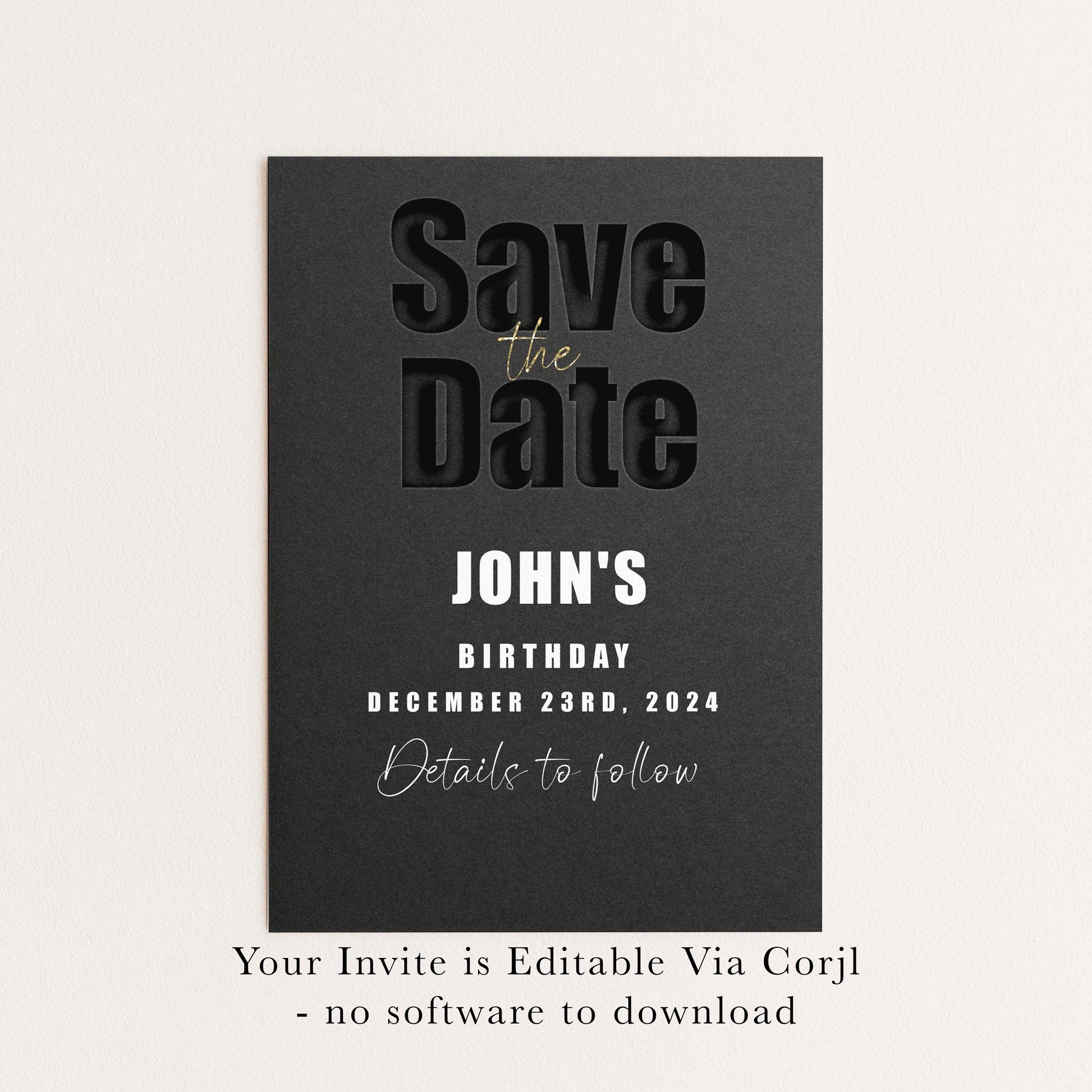 The image is a black and white invitation card for John's birthday party.