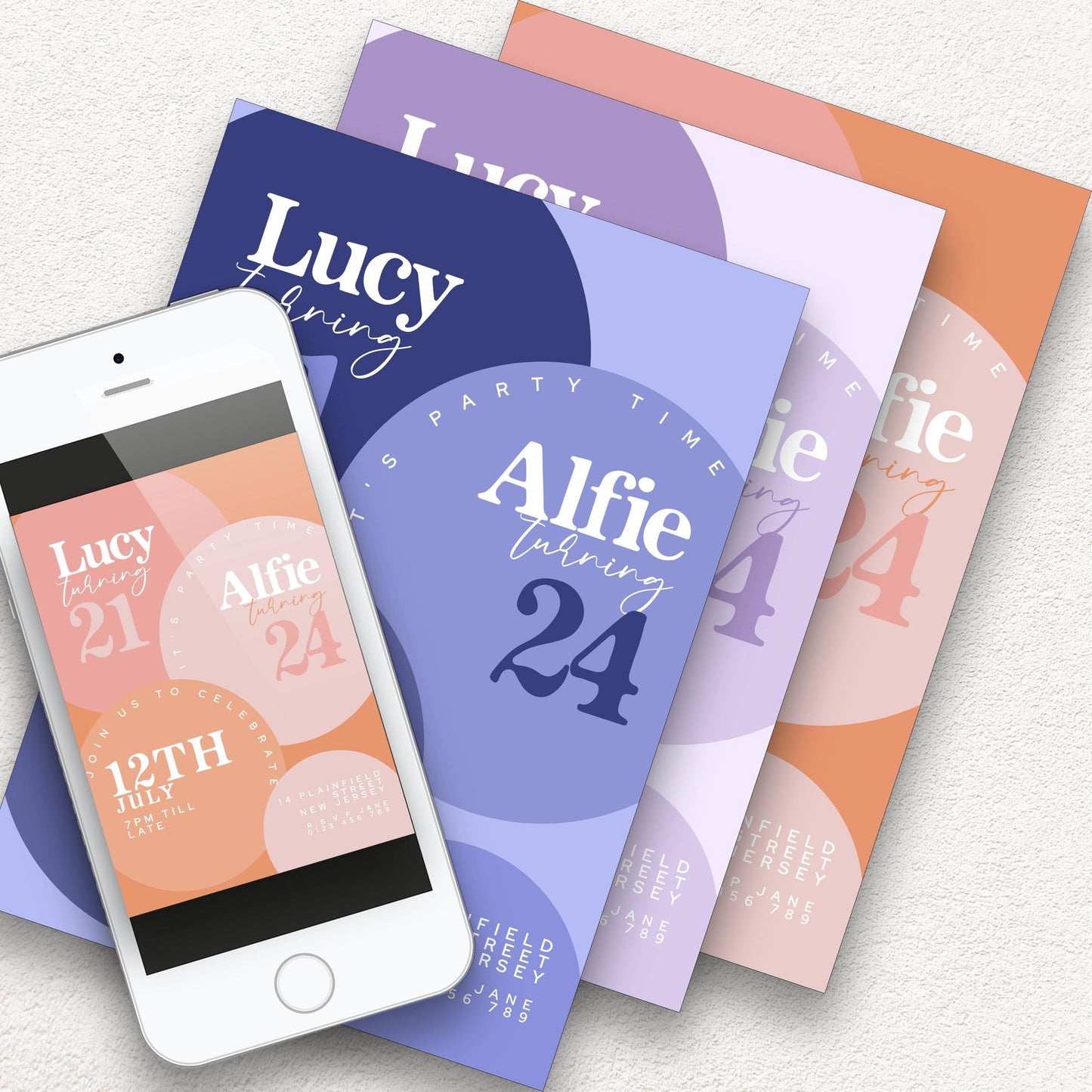 a collection of colorful birthday party invitation cards and a smartphone displaying a birthday party invitation.