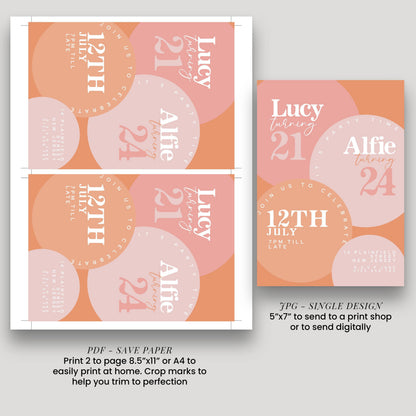 The image is a collage of three pages featuring birthday party designs for Lucy and Alfie. The designs include circles with the names of the birthday individuals and text indicating the date and time of the birthday party.