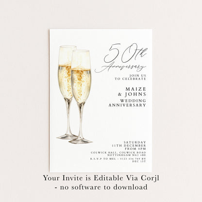 The image is a 5th anniversary invitation featuring two champagne glasses with champagne bubbles, celebrating the anniversary of Maize & Johns' wedding.