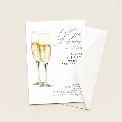 The image is a 50th anniversary invitation featuring champagne glasses and text indicating the event is to celebrate Maize and John's wedding anniversary.