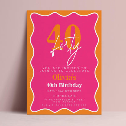 The image is a birthday invitation for a 40th celebration, inviting guests to join the event.