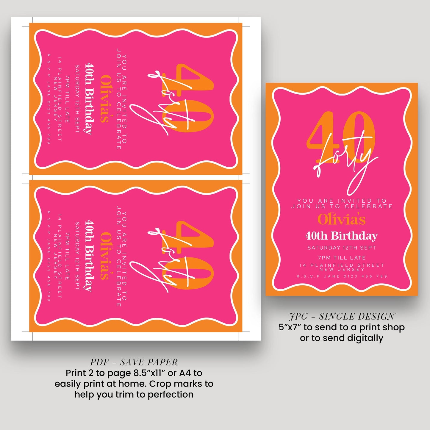 40th Birthday Invite - Editable Pink Orange Template | Instant Download