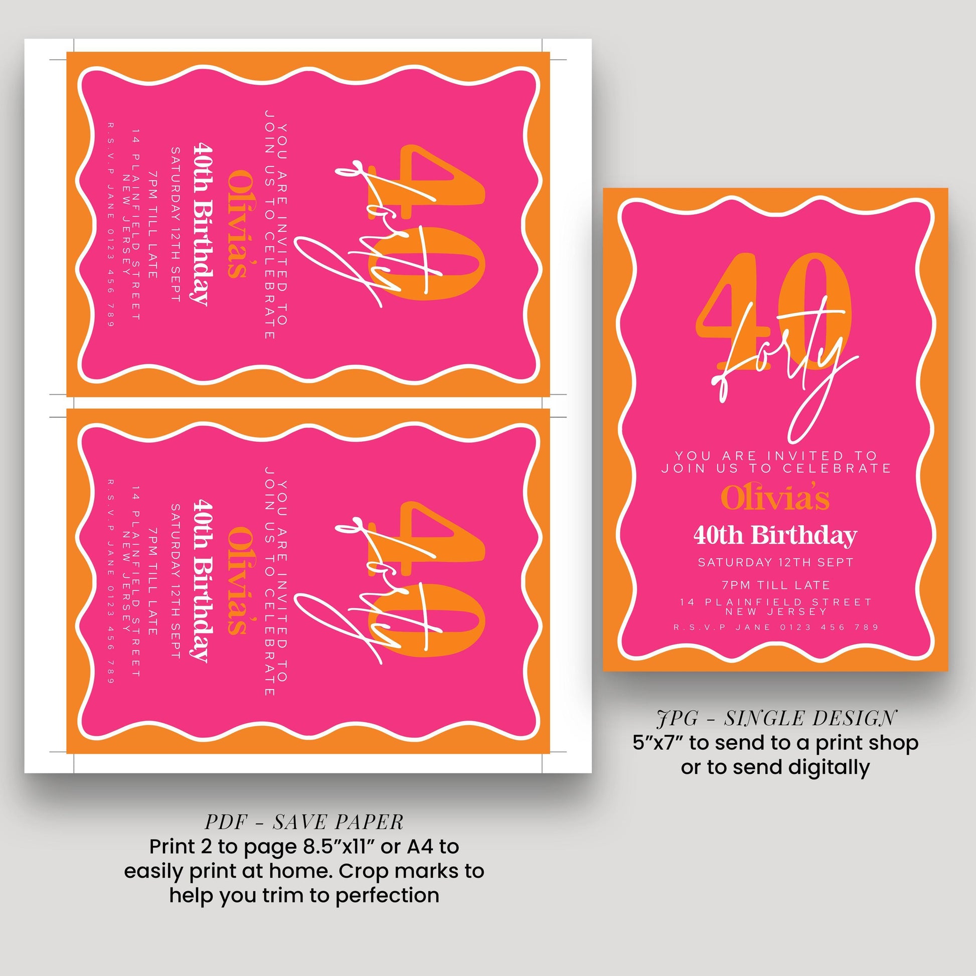 40th Birthday Invite - Editable Pink Orange Template | Instant Download