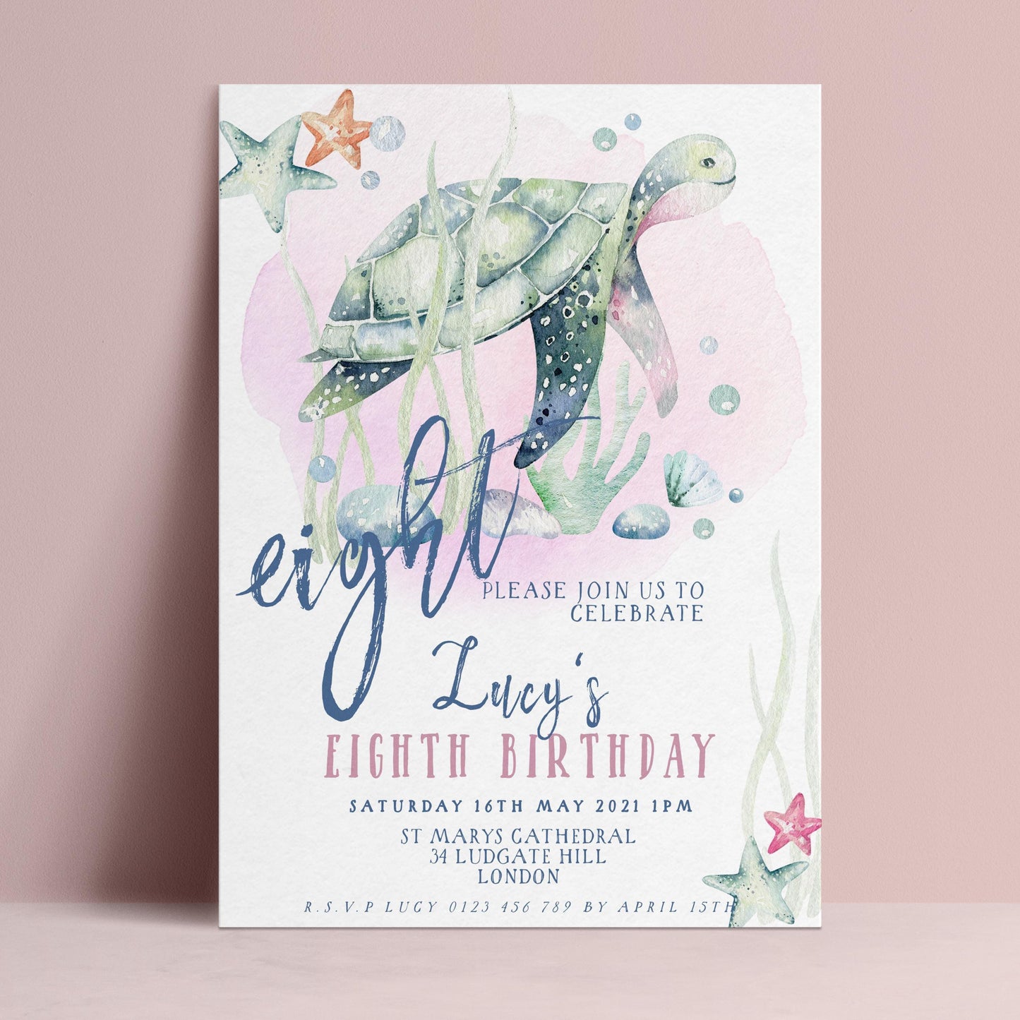 The image is a birthday invitation for a child's eighth birthday celebration.