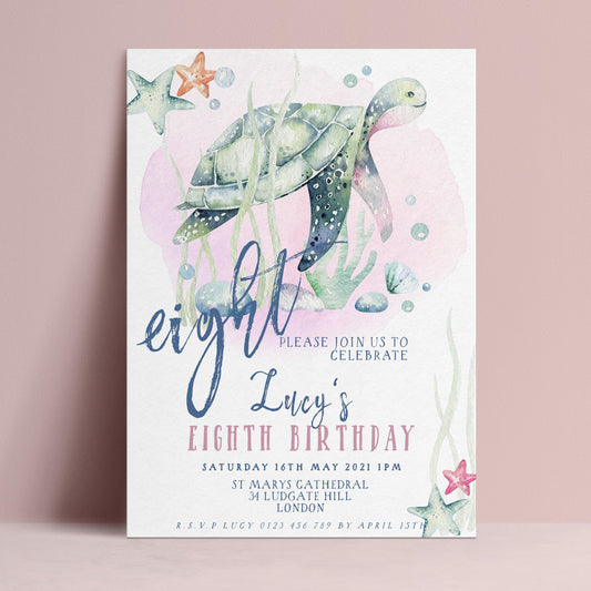 The image is a birthday invitation for a child's eighth birthday celebration.