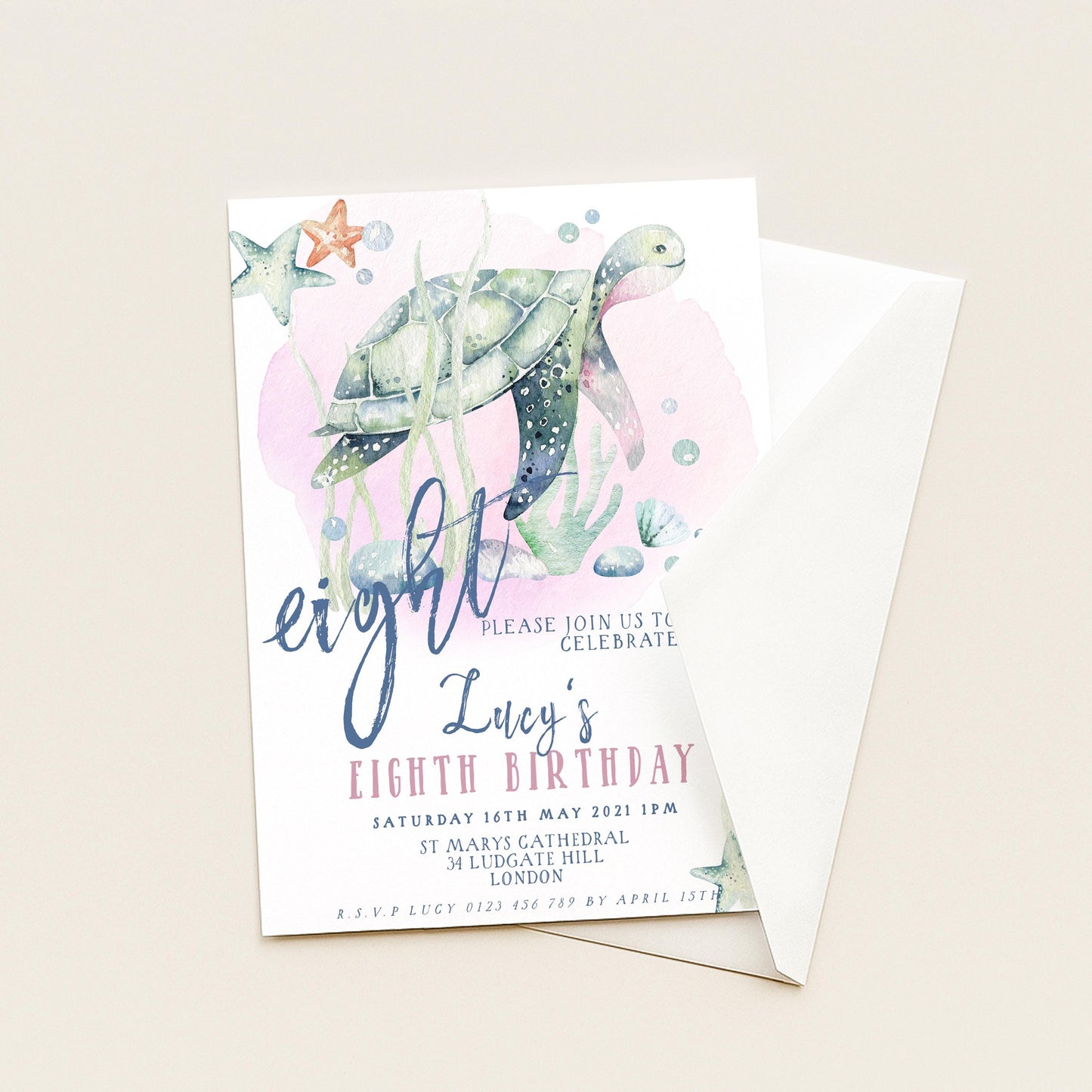 The image is a birthday invitation for a child's eighth birthday party.