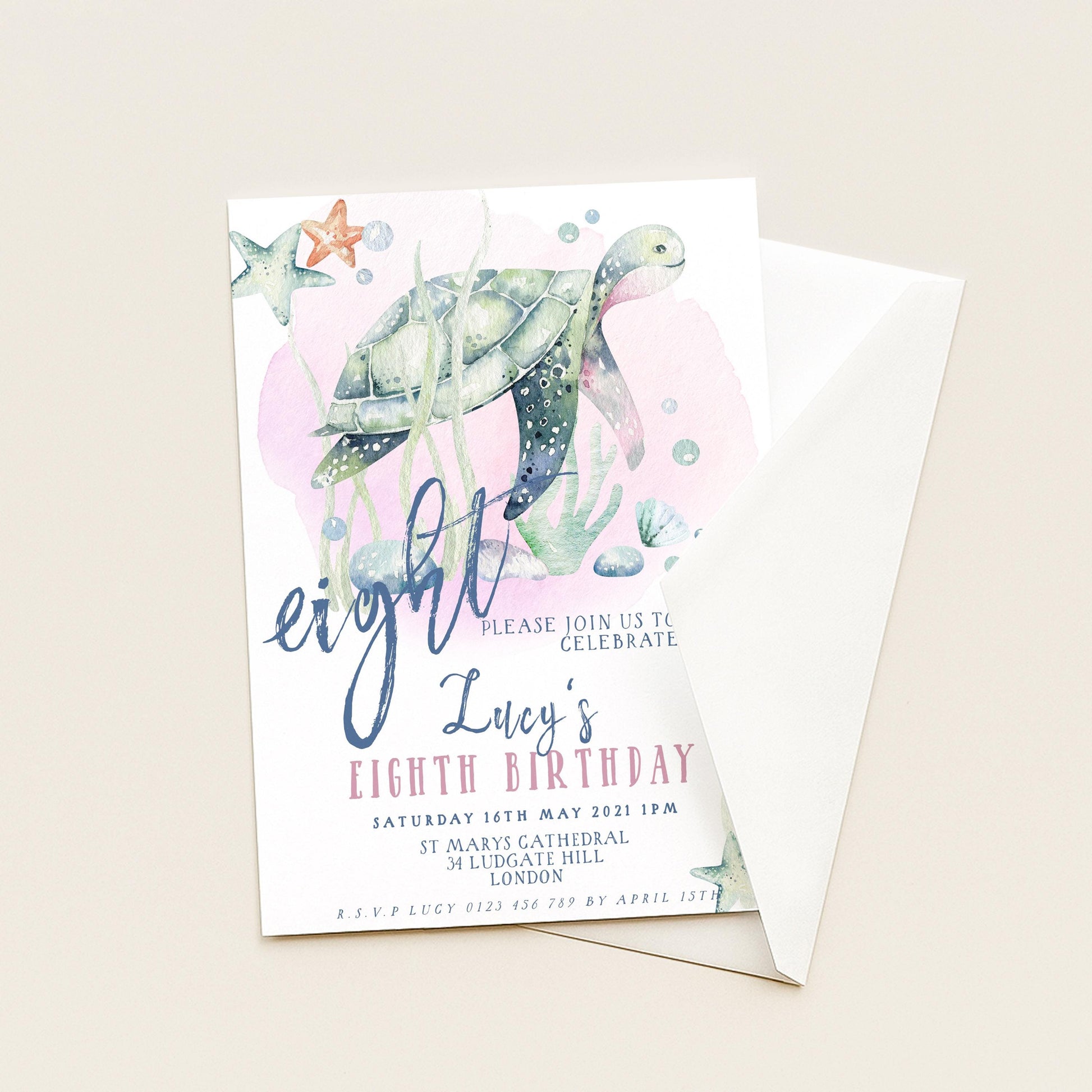 The image is a birthday invitation for a child's eighth birthday party.
