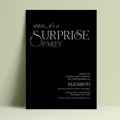 The image is a black and white invitation card for a surprise party.