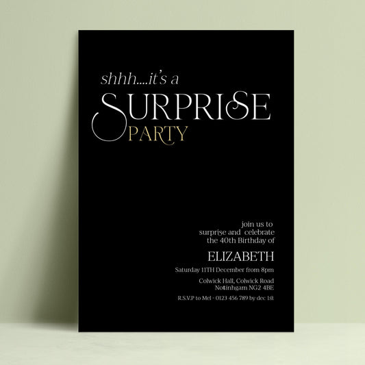 The image is a black and white invitation card for a surprise party.