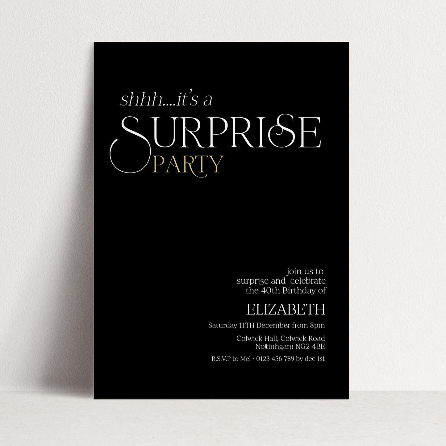 The image is a black and white invitation card for a surprise party.