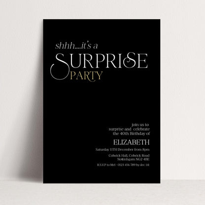 The image is a black and white invitation card for a surprise party.