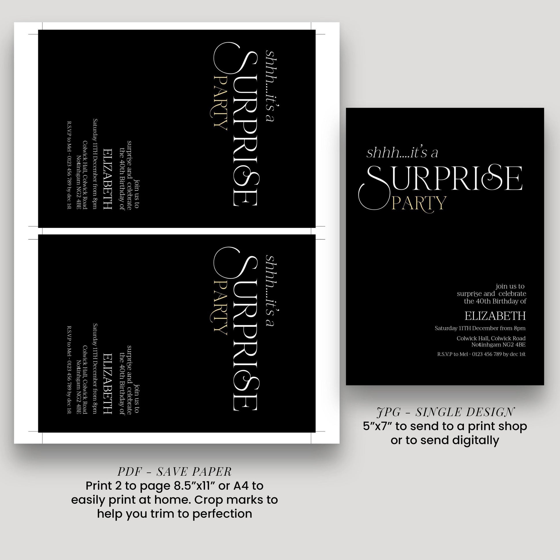 a black and white invitation card for a surprise party, with text and graphics.