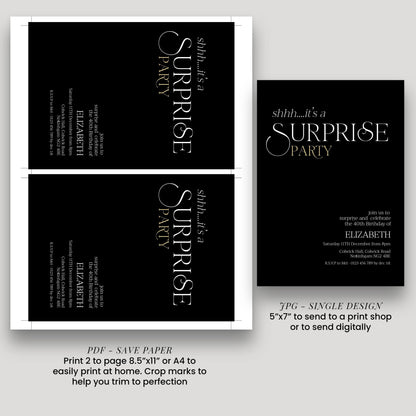 a black and white invitation card for a surprise party, with text and graphics.