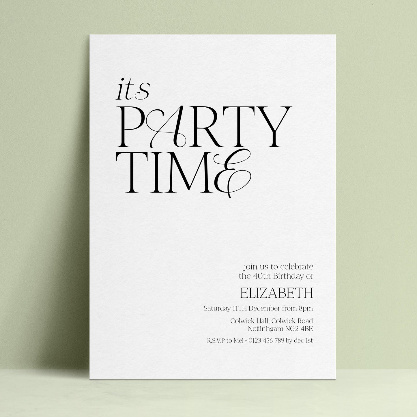 The image is a white invitation card for a birthday party.