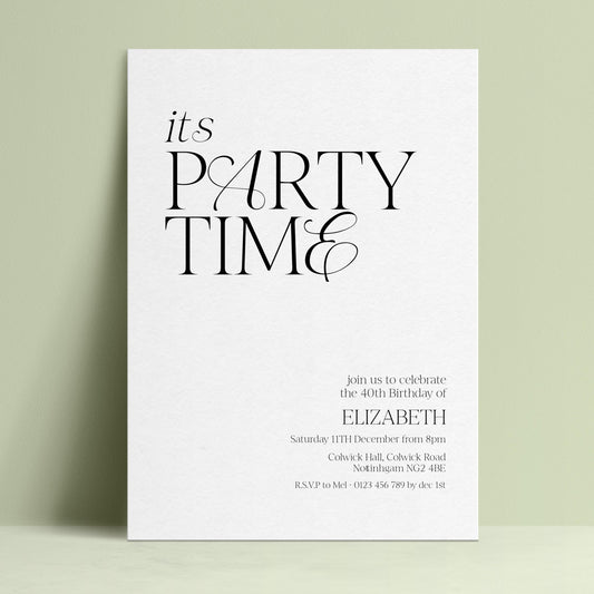 The image is a white invitation card for a birthday party.