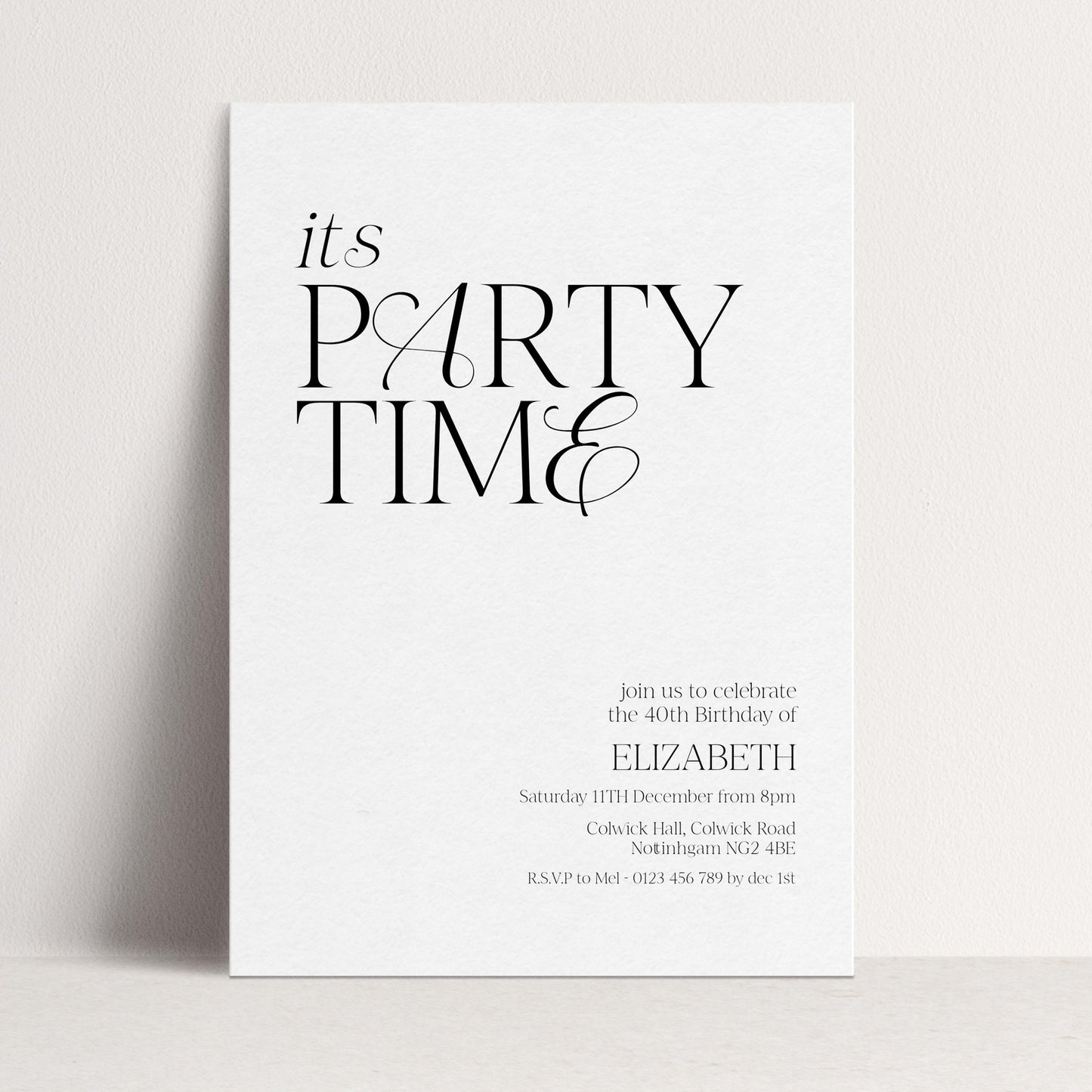 The image is a birthday party invitation for the 40th birthday of Elizabeth.