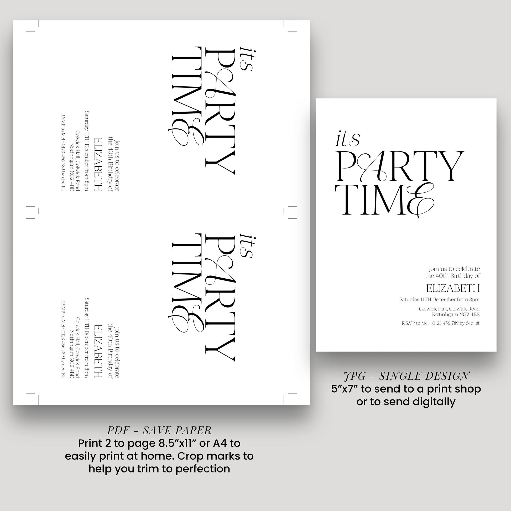 The image is a single design invitation for a party on the 50th birthday of Elizabeth.