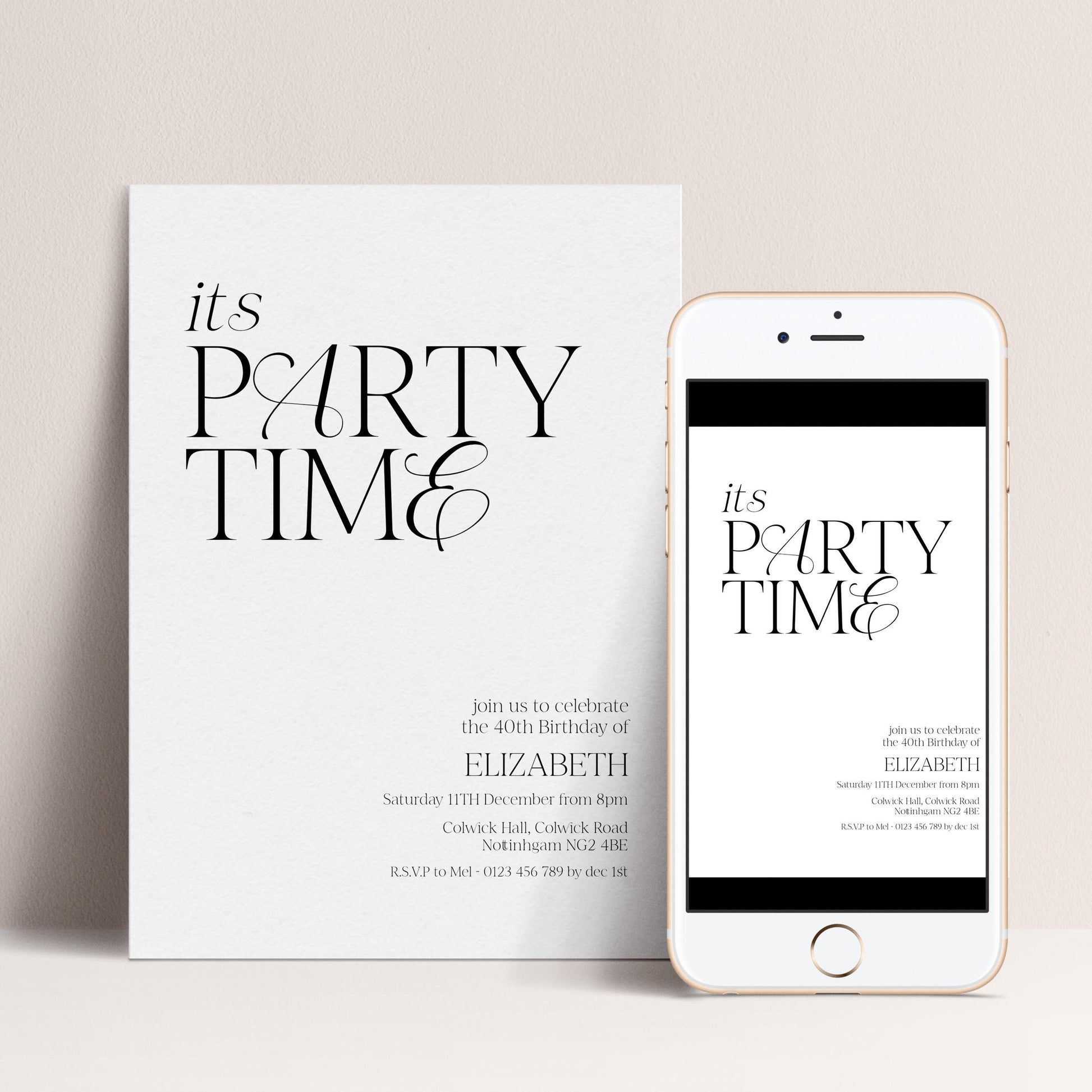 a white invitation card and a smartphone displaying the same invitation text.