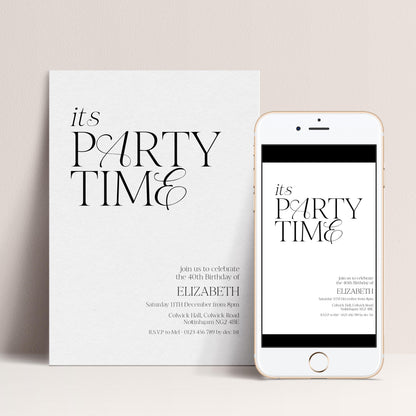a white invitation card and a smartphone displaying the same invitation text.