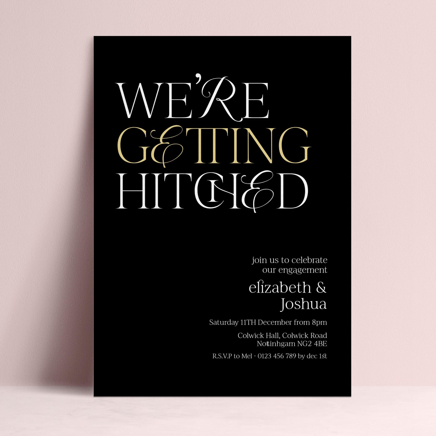 The image is a wedding invitation card with a black background and white text.