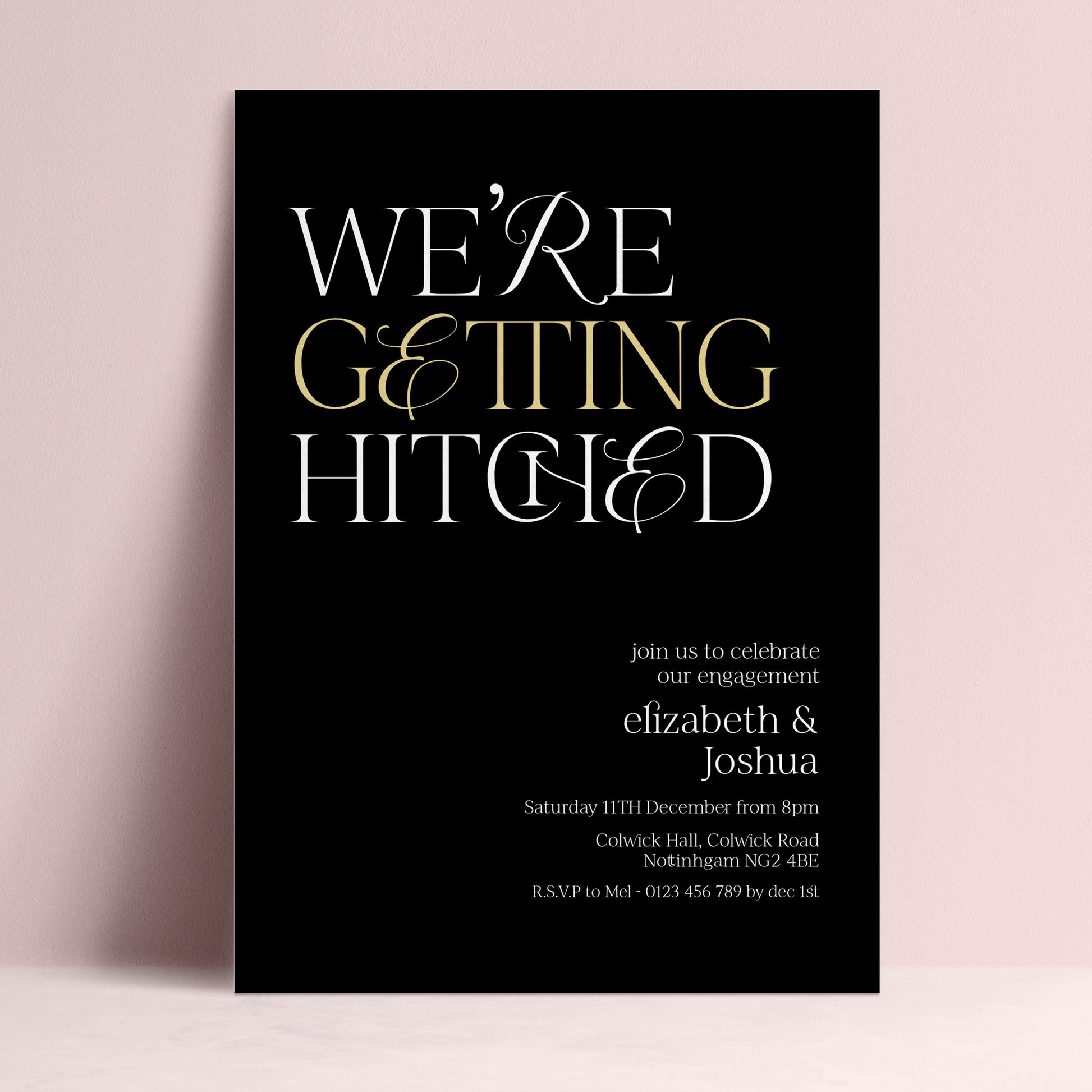 The image is a wedding invitation card with a black background and white text.