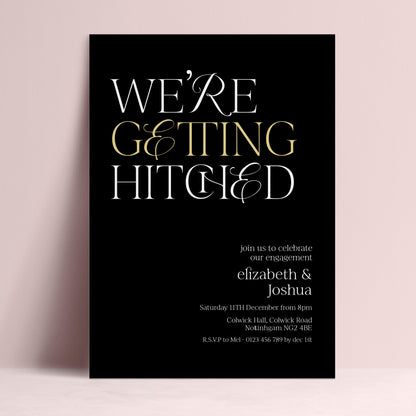 The image is a wedding invitation card with a black background and white text.