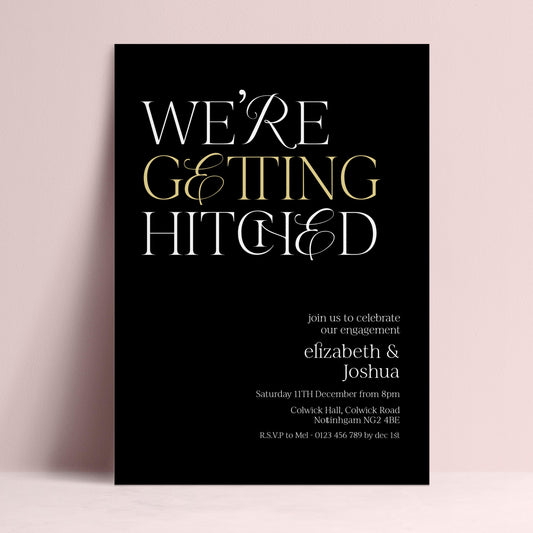The image is a wedding invitation card with a black background and white text.