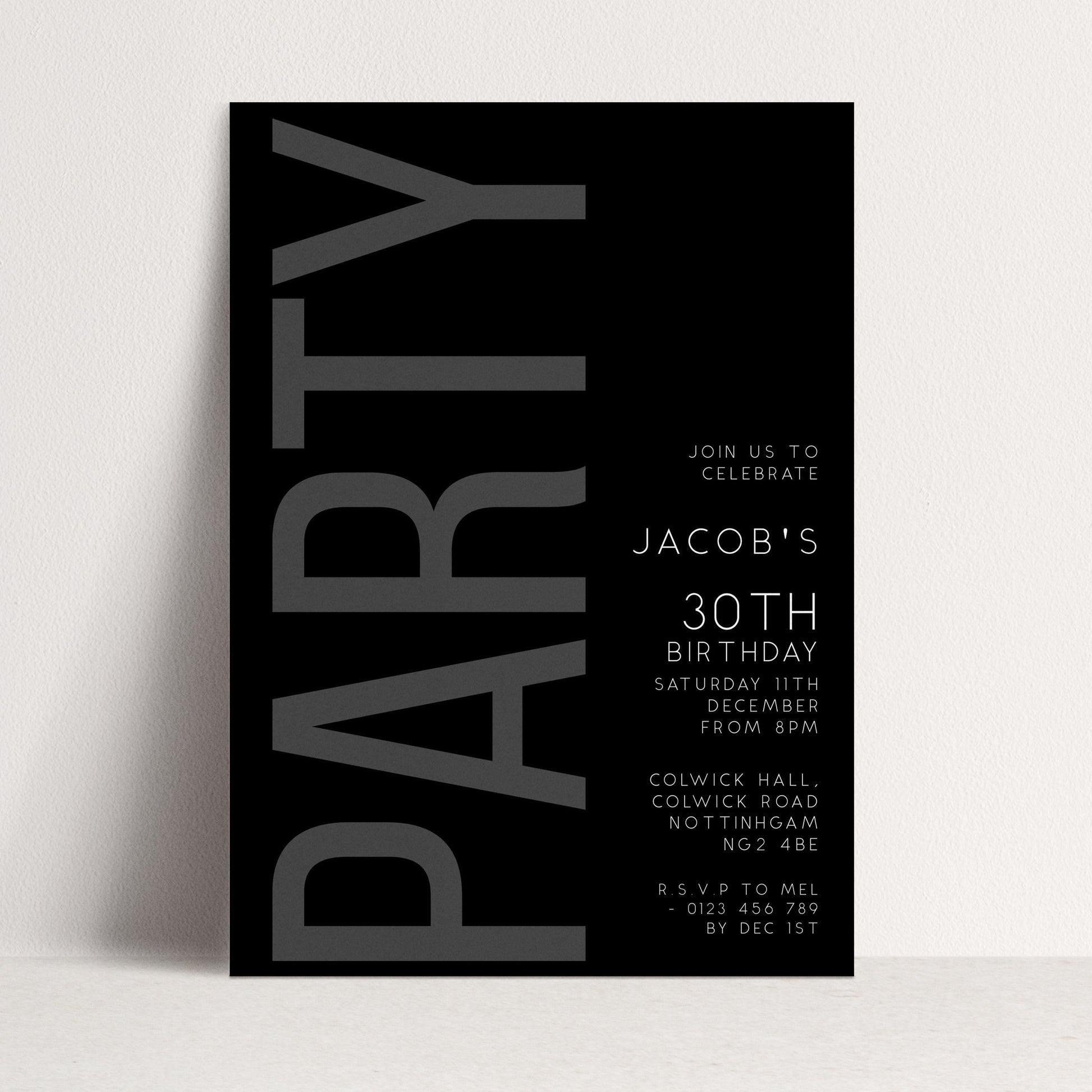 The image is a black and white party invitation for Jacob's 30th birthday party.