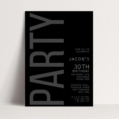 The image is a black and white party invitation for Jacob's 30th birthday party.