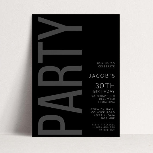The image is a black and white party invitation for Jacob's 30th birthday party.