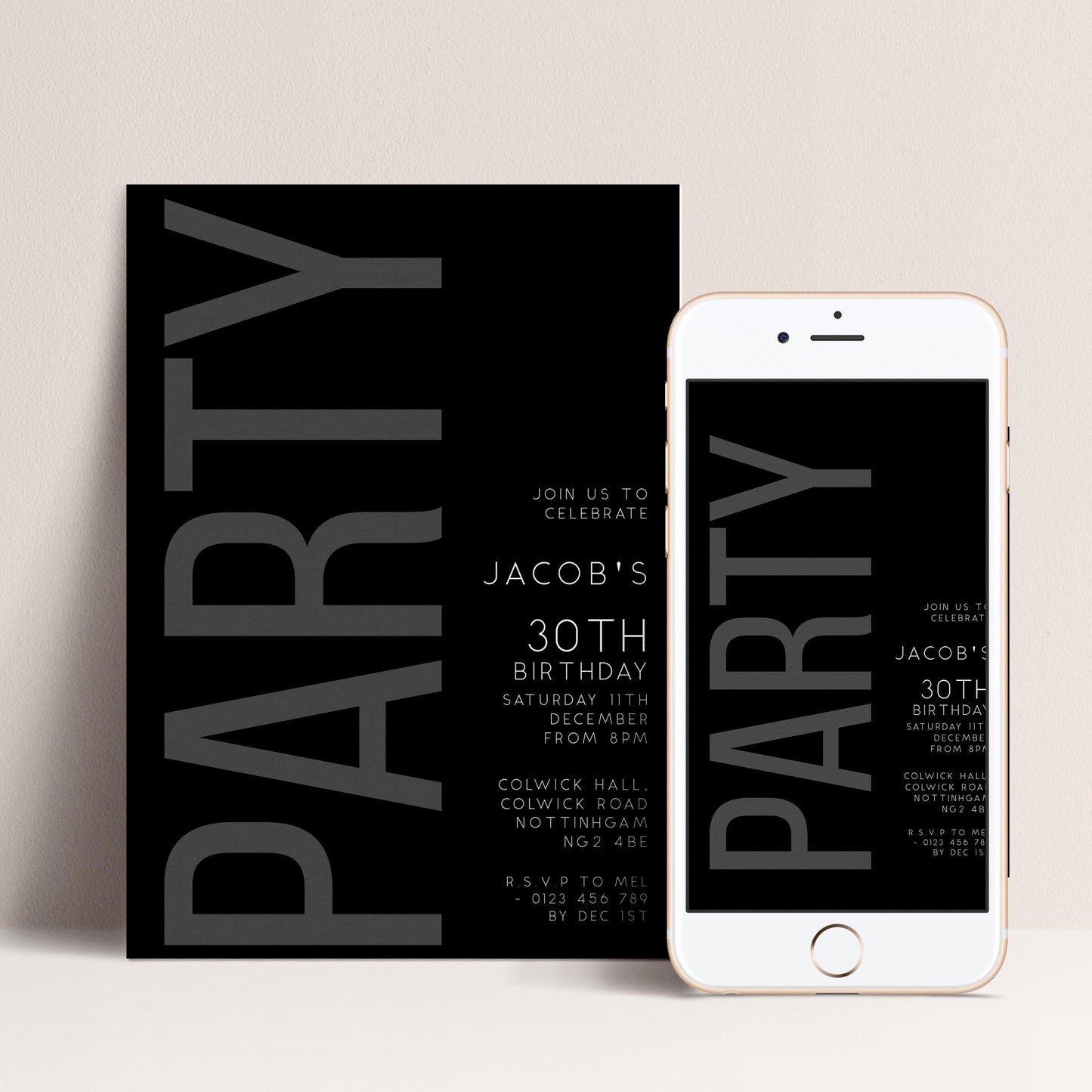 a black and white party invitation for Jacob's 30th birthday party. The invitation includes details about the event, such as the date, time, location, and RSVP information. The invitation is displayed alongside a smartphone, which is also showing the same party invitation.