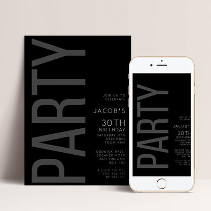 a black and white party invitation for Jacob's 30th birthday party. The invitation includes details about the event, such as the date, time, location, and RSVP information. The invitation is displayed alongside a smartphone, which is also showing the same party invitation.