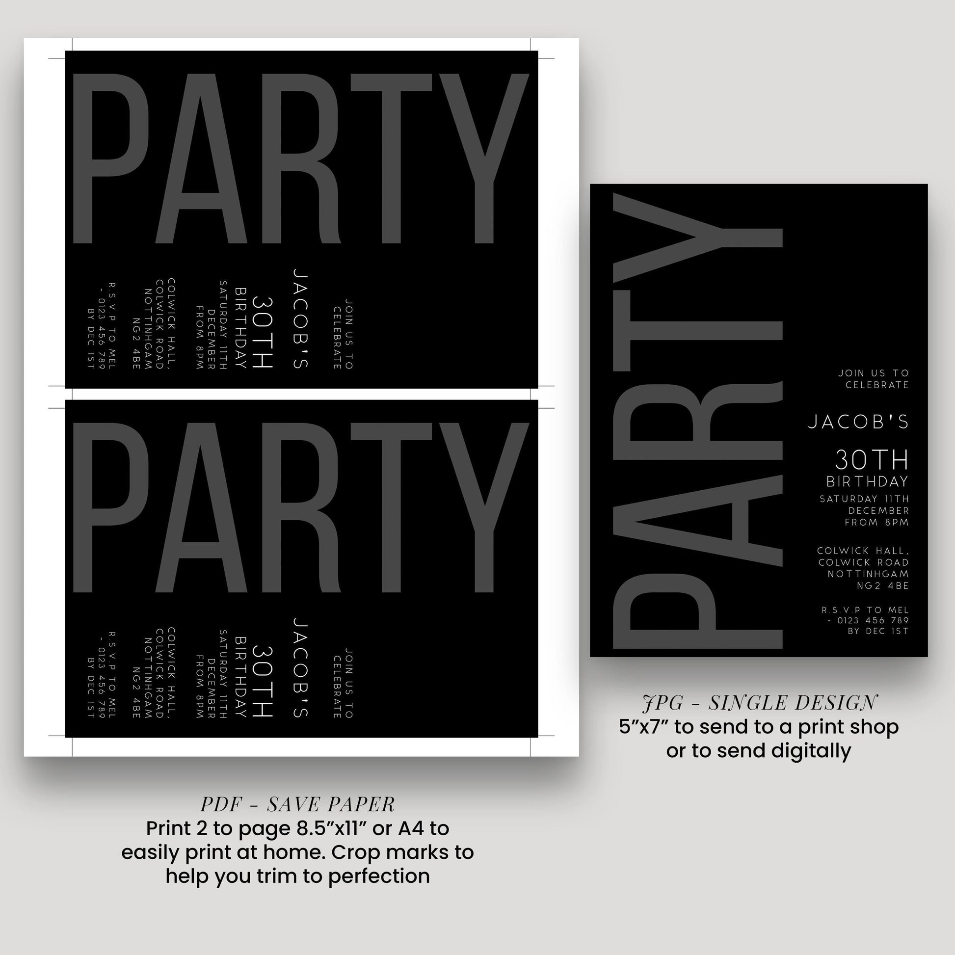 The image is a black and white party invitation for Jacob's 30th birthday party.