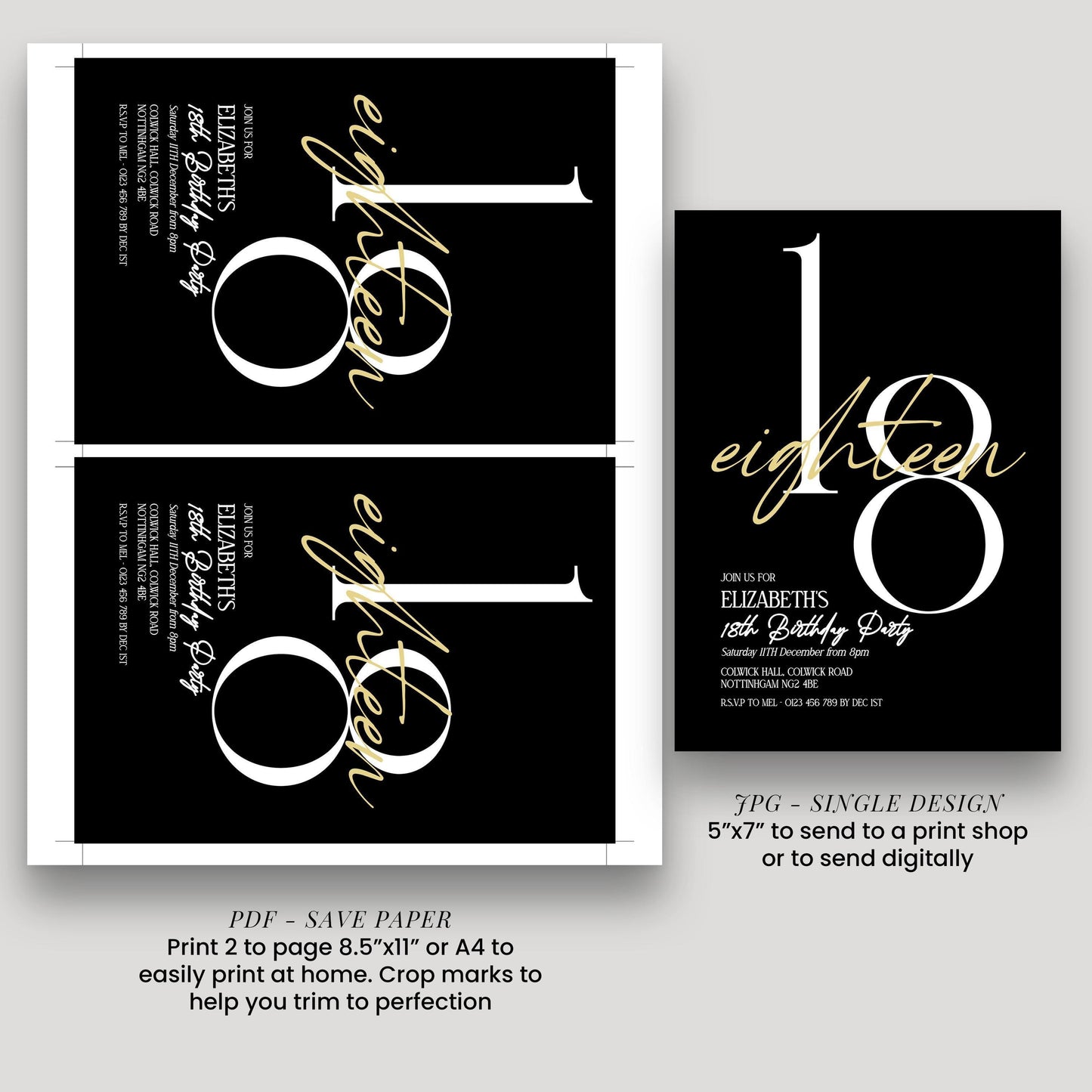a birthday invitation for Elizabeth's 18th birthday party. It features a black and white design with the number 18 prominently displayed. The invitation includes details about the party, such as the date, time, location, and RSVP instructions. The invitation also provides options for sending the print to a print shop or digitally, with a note about the size of the print and instructions for printing.