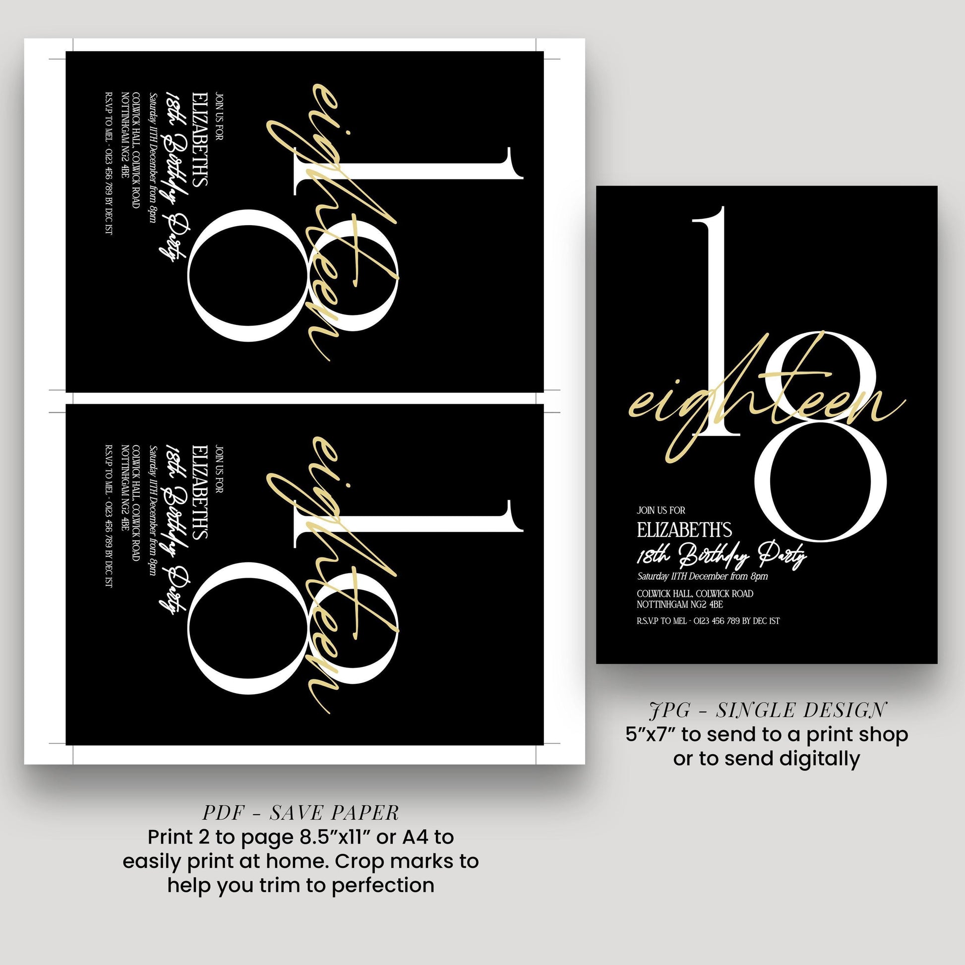 a birthday invitation for Elizabeth's 18th birthday party. It features a black and white design with the number 18 prominently displayed. The invitation includes details about the party, such as the date, time, location, and RSVP instructions. The invitation also provides options for sending the print to a print shop or digitally, with a note about the size of the print and instructions for printing.