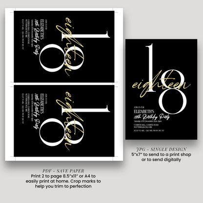 a birthday invitation for Elizabeth's 18th birthday party. It features a black and white design with the number 18 prominently displayed. The invitation includes details about the party, such as the date, time, location, and RSVP instructions. The invitation also provides options for sending the print to a print shop or digitally, with a note about the size of the print and instructions for printing.