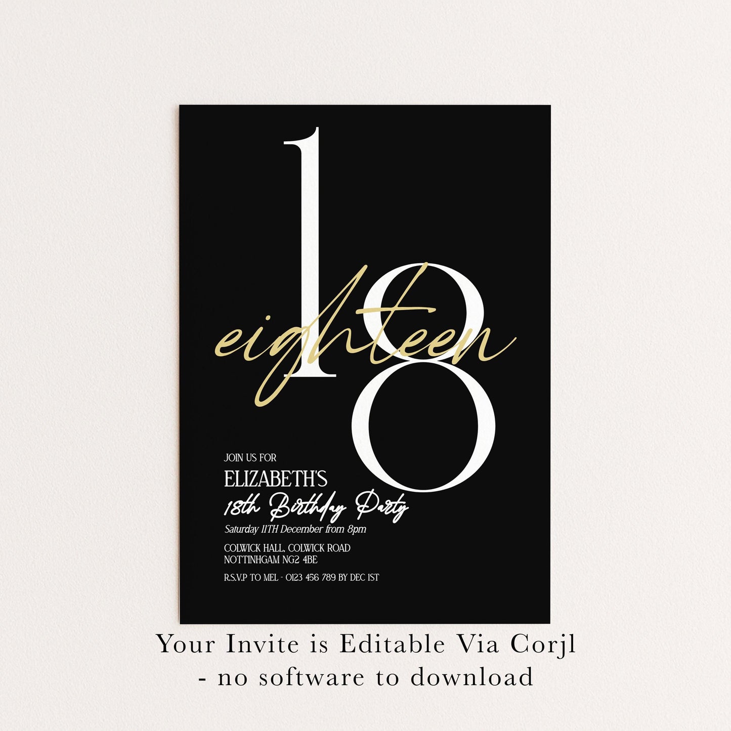 The image is a birthday party invitation for Elizabeth's 18th birthday party.