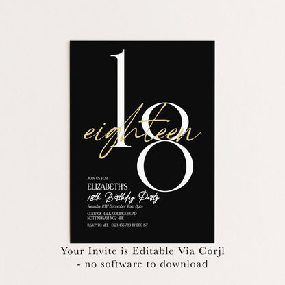 The image is a birthday party invitation for Elizabeth's 18th birthday party.