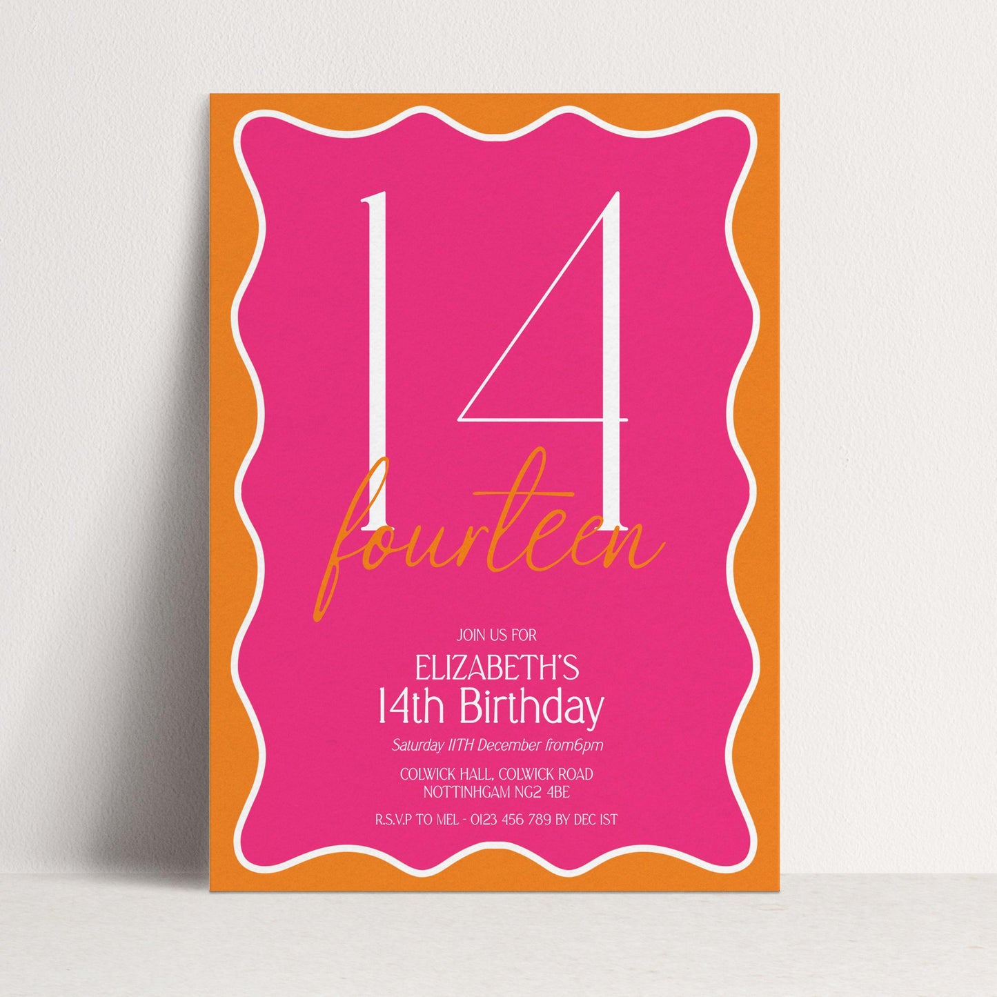 The image is a pink and orange birthday invitation for Elizabeth's 14th birthday.