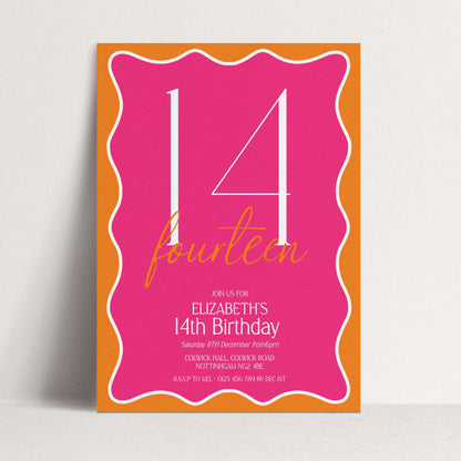 The image is a pink and orange birthday invitation for Elizabeth's 14th birthday.