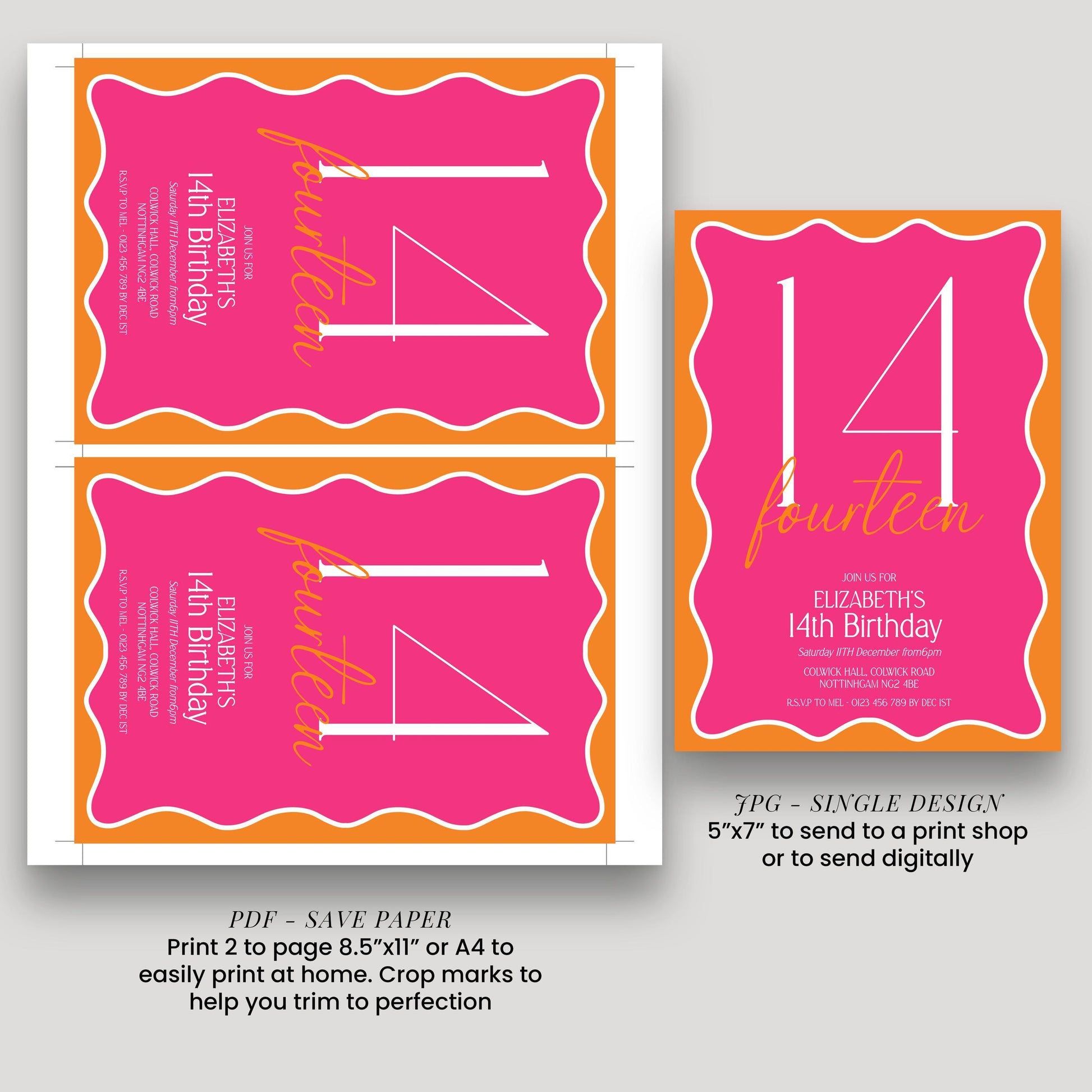 a pink birthday invitation for Elizabeth's 14th birthday. It features the number 14 prominently and includes details about the event, such as the date, time, location, and RSVP instructions. The invitation is designed for a single page, and it can be printed on paper or sent digitally. The image also includes a note about the size of the print, which is 5"x7" or 4"x4".