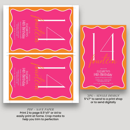 a pink birthday invitation for Elizabeth's 14th birthday. It features the number 14 prominently and includes details about the event, such as the date, time, location, and RSVP instructions. The invitation is designed for a single page, and it can be printed on paper or sent digitally. The image also includes a note about the size of the print, which is 5"x7" or 4"x4".
