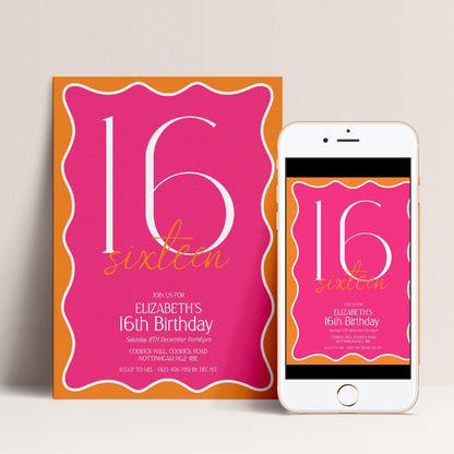 a pink and orange invitation card for Elizabeth's 16th birthday, with a smartphone displaying the same invitation on its screen.